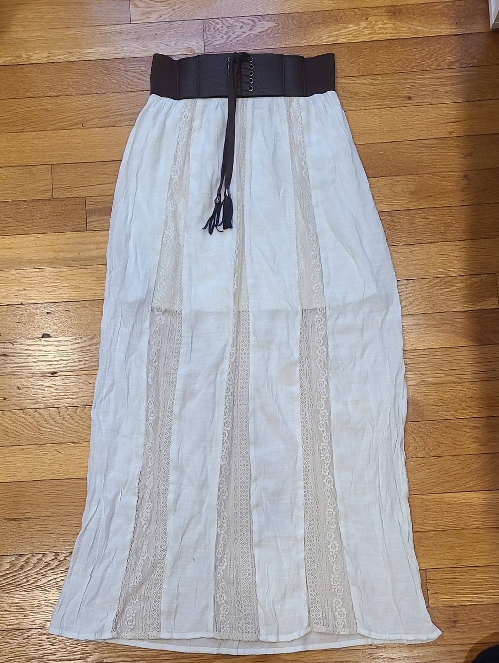 No Boundaries Cream Maxi Skirt with Brown Waistband